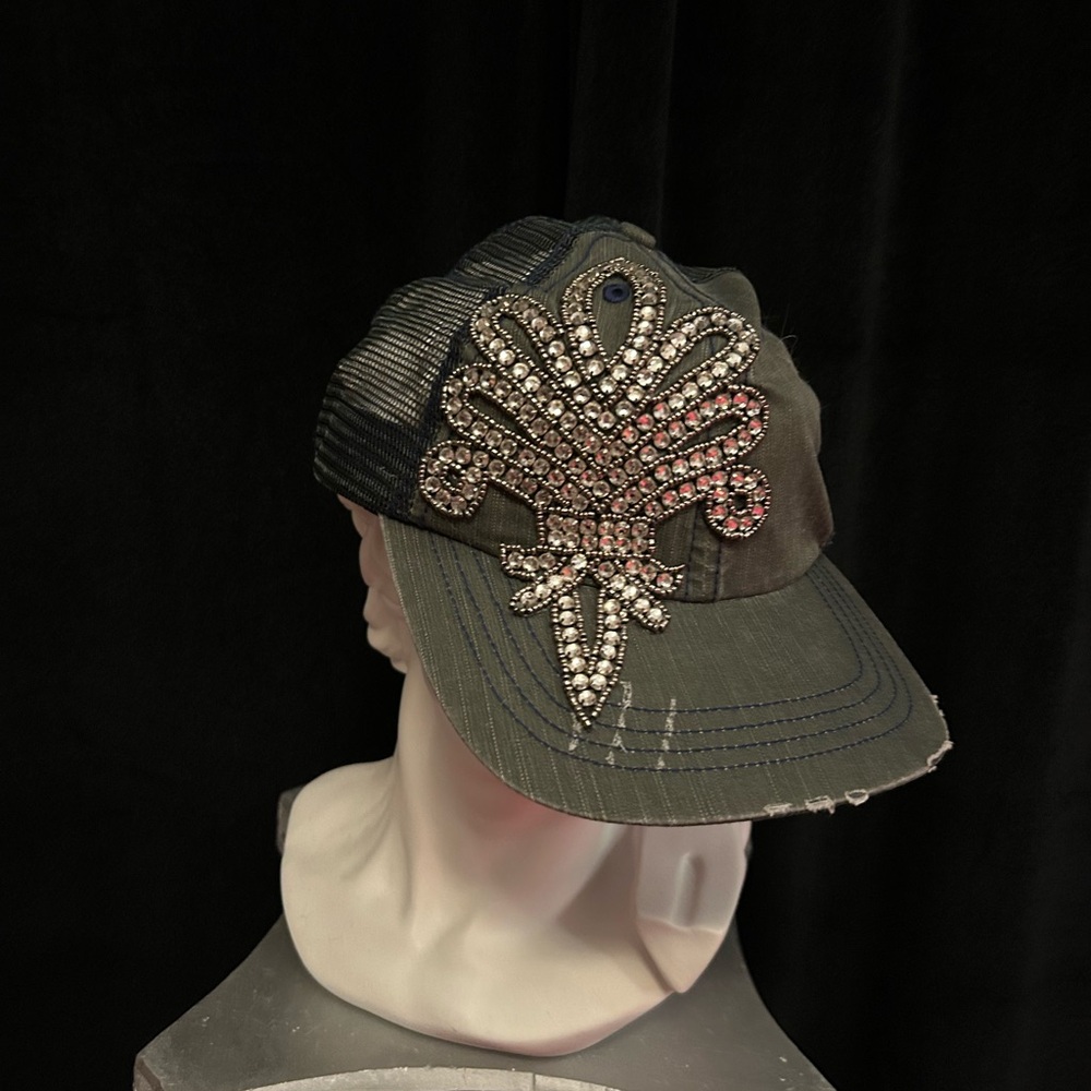 Embellished Black Cap with Rhinestone Design
